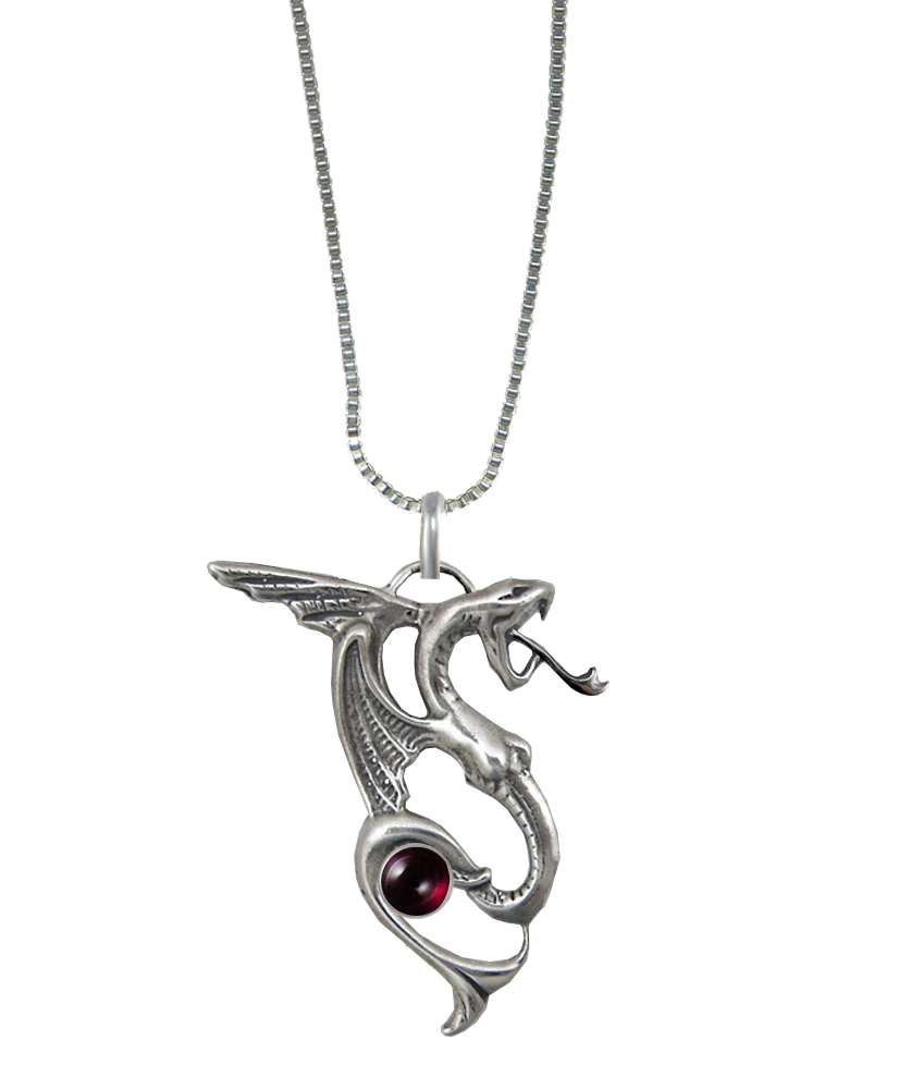 Sterling Silver Medieval Dragon Pendant With Garnet